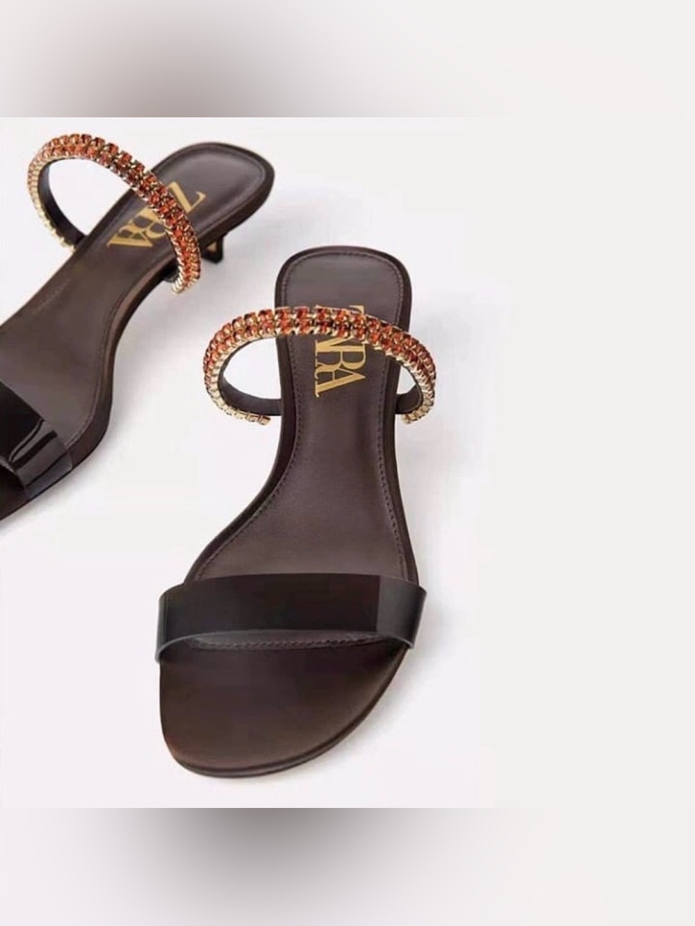 Zara Dark Brown Slide Sandals with Crystal-Embellished Ankle Strap, Size 39(8)